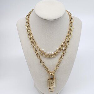 Authentic Louis Vuitton Gold Padlock w/ Unbranded Fashion Stainless Steel Chain